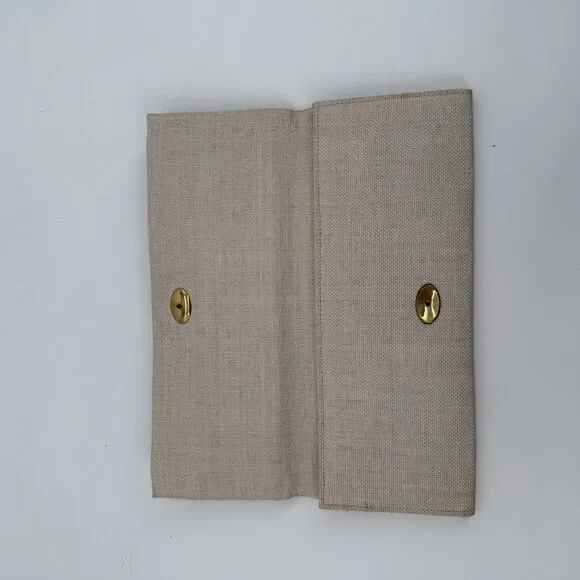 Vintage Beige Long Linen Fabric Envelope Clutch Bag Gold Tone - Picture 6 of 11